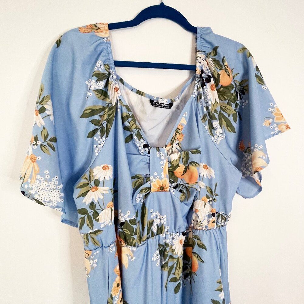 Floral Fruit Blue Plus-Size Dress with Ruffle Hem - Size 14-16 Garden Party - Picture 4 of 6